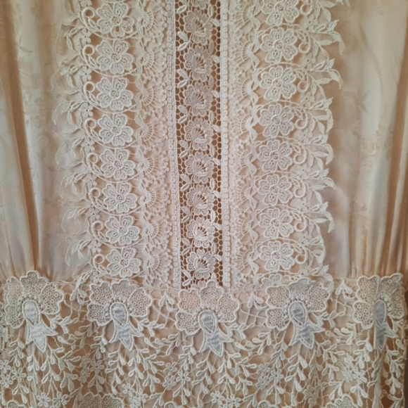 JESSICA MCCLINTOCK Lace Trimmed Silk Jacquard Pleated Maxi Dress Sz 10 Cream - Picture 10 of 13